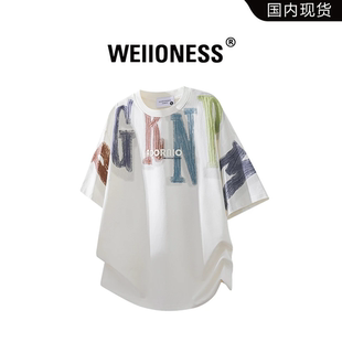 冰絲美式 寬松百搭上衣潮 T恤男2025夏季 WEIIONESS涂鴉字母印花短袖