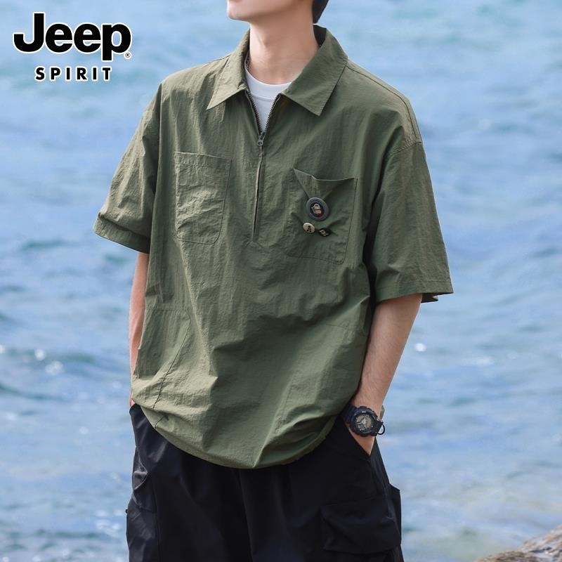 Jeep吉普冰丝短袖衬衫男士夏季潮流薄款凉感百搭痞帅运动半袖衬衣