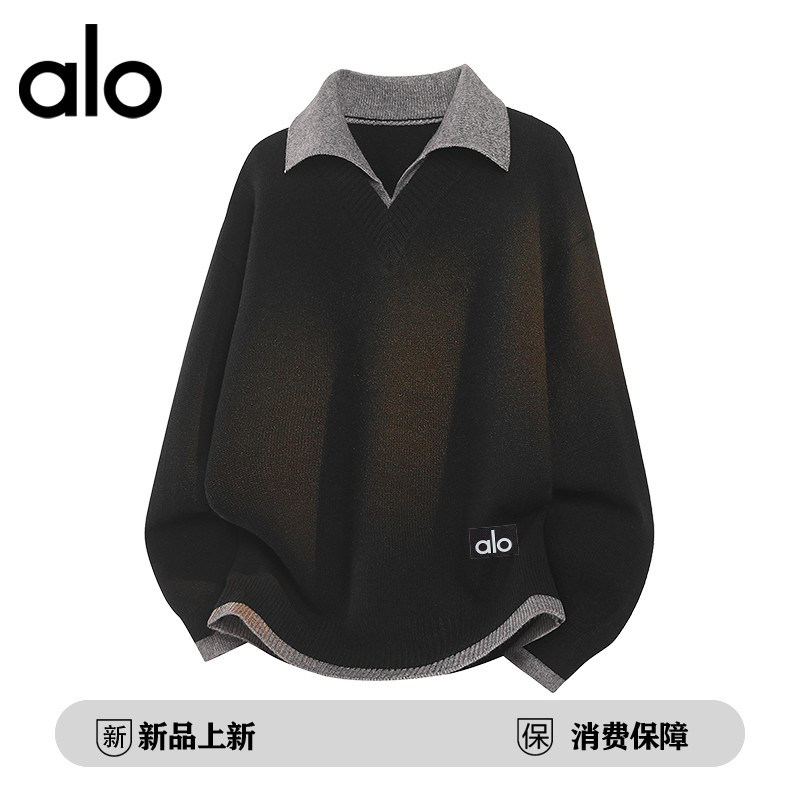 官方奥特莱斯品牌折扣 秋冬季翻领假两件保暖休闲男女套头毛衣