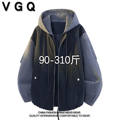 VGQ潮男假两件夹克春季加肥加大码美式休闲简约风连帽夹克上衣服