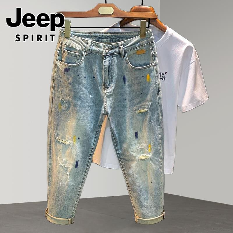 jeep吉普破洞牛仔裤男款夏季潮牌美式宽松薄款哈伦裤丙烯漆画浅色