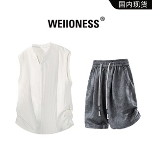 WEIIONESS背心套装 T恤夏薄款 休闲扎染短裤 高级感 男肌理感V领无袖
