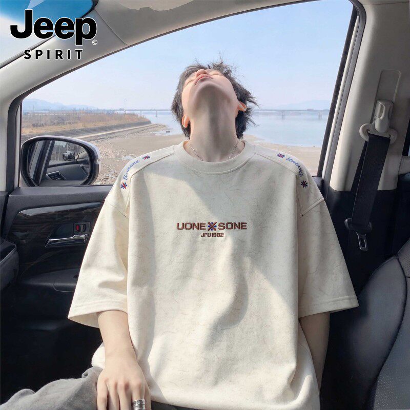 JEEPSPIRIT民族风刺绣设计短袖T恤男士夏季运动半袖情侣正肩上衣
