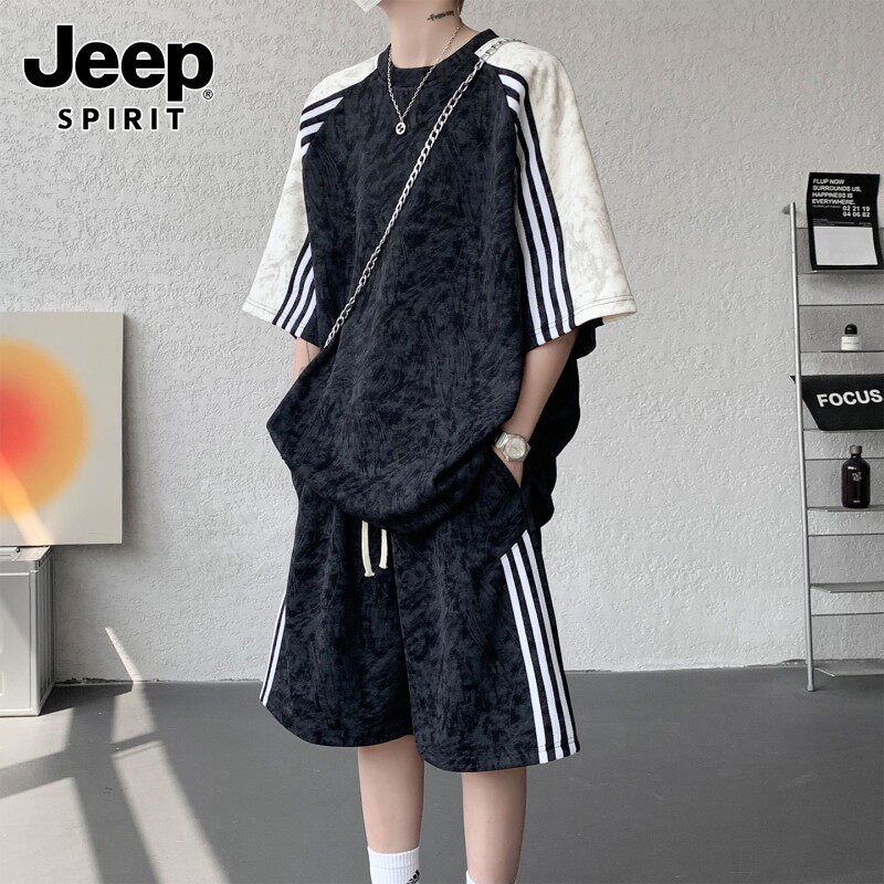 JEEPSPIRIT扎染条纹拼色短袖体恤男夏季五分袖套装大码情侣装短裤