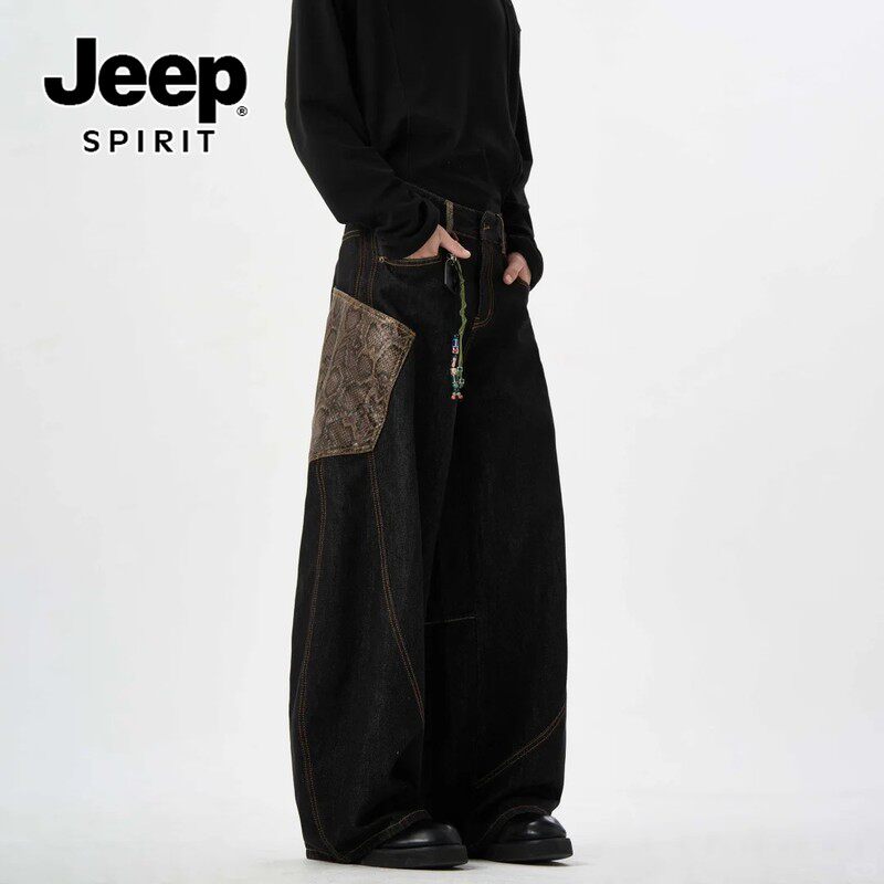 JEEPSPIRIT宽松阔腿牛仔裤裤子男款弯刀牛仔裤黑色阔腿裤美式新款
