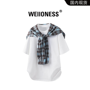 2025新款 寬松純棉T恤男 拼接打結格子假兩件短袖 WEIIONESS潮牌美式