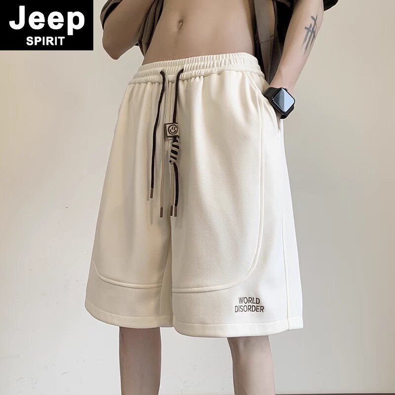 JEEPSPIRIT米白色短裤男夏季薄款刺绣美式篮球中裤休闲宽松五分裤