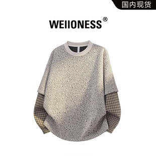 秋季 高級感寬松百搭上衣 復(fù)古印花格子撞色衛(wèi)衣男款 WEIIONESS美式