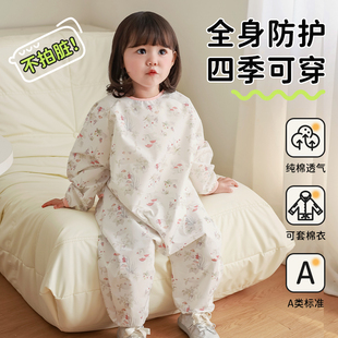 儿童罩衣秋季新款围裙宝宝连体衣爬行服防水防脏围兜男女童反穿衣