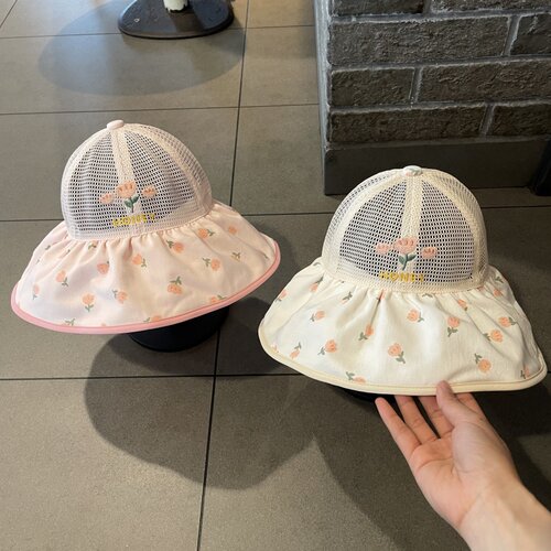 宝宝遮阳帽子春夏婴幼儿鸭舌帽夏季男女儿童大帽檐网眼花朵防晒帽