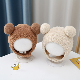 婴儿帽子秋冬款宝宝毛线帽珊瑚绒可爱儿童护耳帽针织男童女童冬季