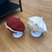 婴儿贝雷帽春秋季 洋气花边纯色画家帽婴幼儿宝宝秋天穿搭针织帽子