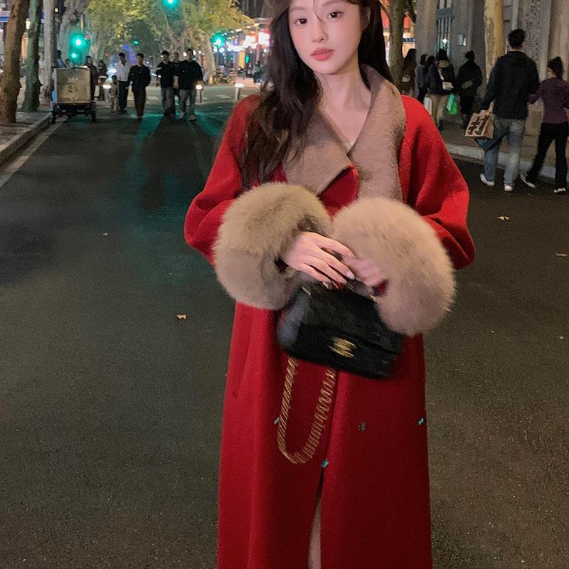 羊毛大衣女新中式冬季狐狸毛长款毛呢外套女圣诞节手工双面呢呢子