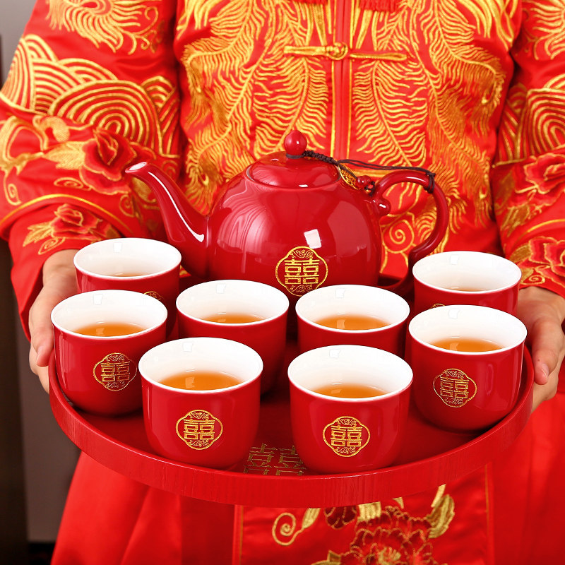 中式新娘订婚结婚庆改口敬茶杯陶瓷手柄壶红色盘婚礼用品茶具套装