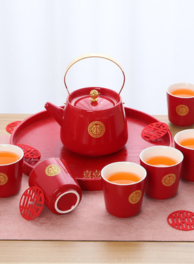 红色喜庆结婚茶具套装大号茶壶一壶六杯中式喜庆敬茶新娘陪嫁托盘