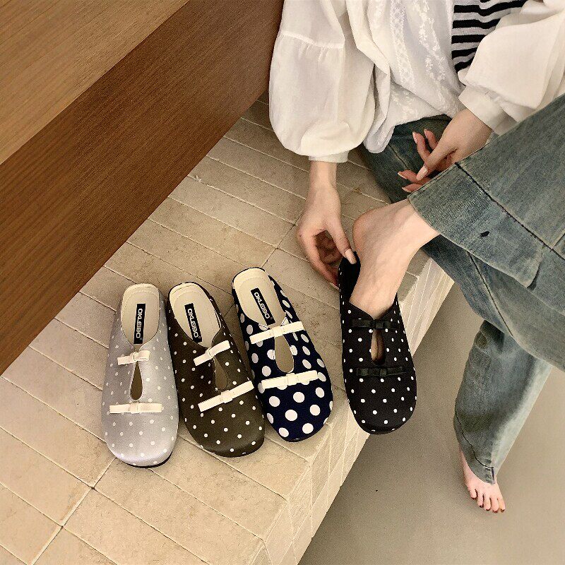 法式小众波点包头半拖鞋女