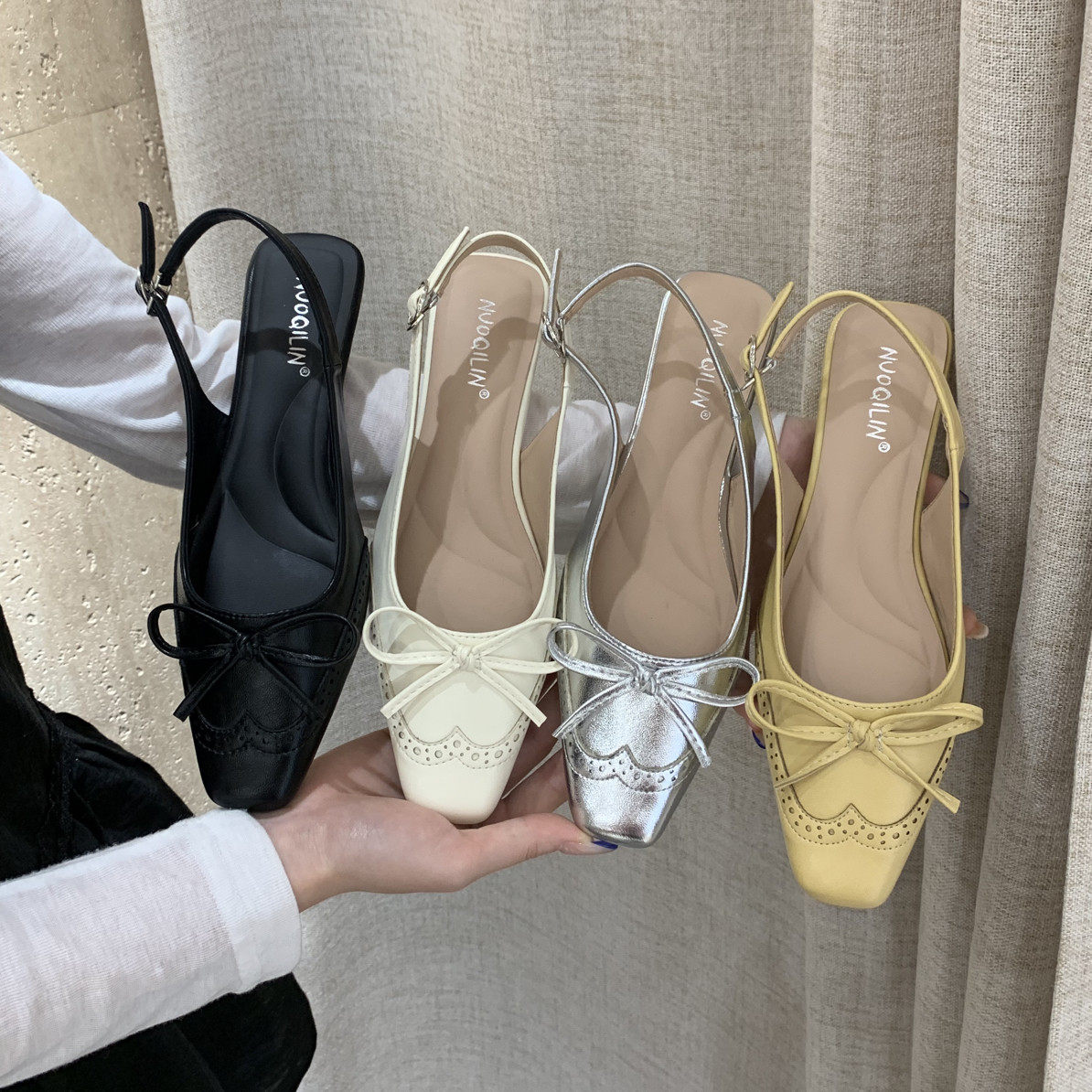 3cm~春夏新款法式温柔风蝴蝶结包头中跟百搭女款通勤单鞋韩系凉鞋 - 实物图