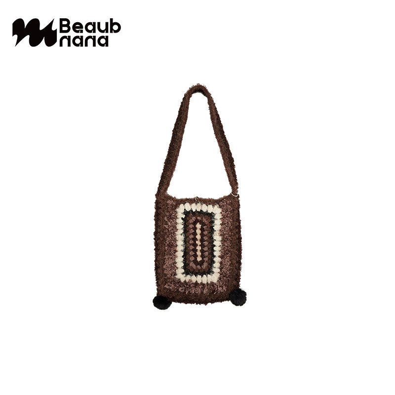 小黄香蕉手钩复古方格包女针织手工毛绒线编织单肩斜挎包毛茸茸包