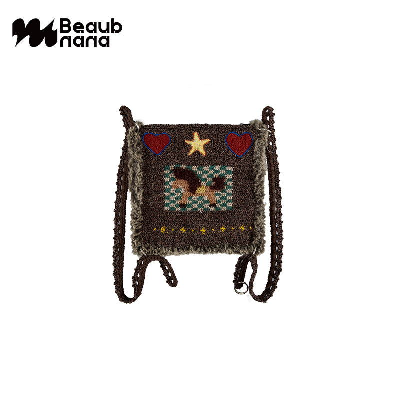 小黄香蕉手钩爱星马包包女原创编织单肩斜挎毛绒线质感针织双肩包