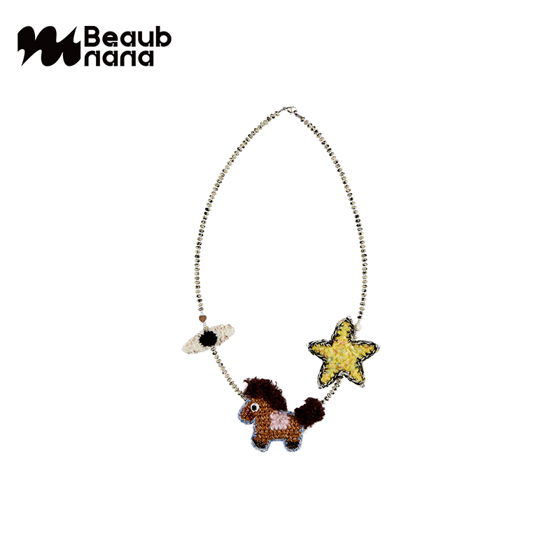 小黄香蕉手钩马上开心长款毛衣装饰项链女小众设计毛线黄星星颈链