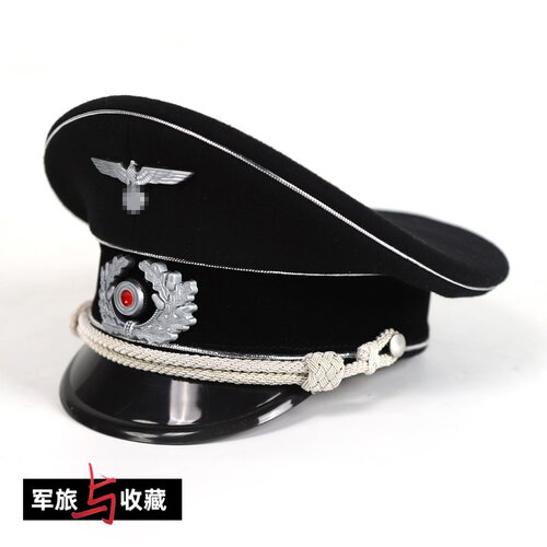 二战复刻德式大檐帽 黑色银边 毛呢帽 收藏展示款 带金属徽章