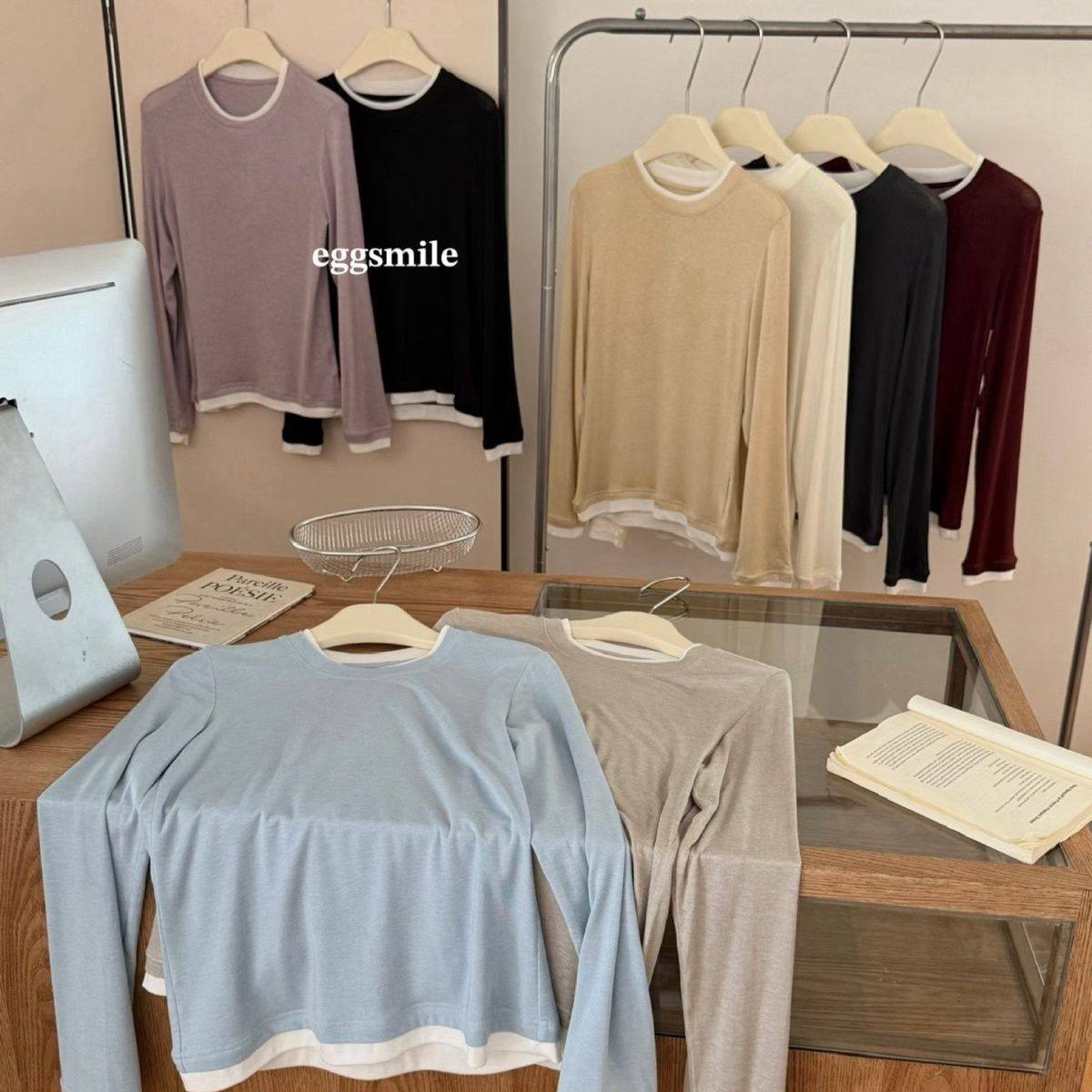 新款egg天丝羊毛假两件长袖打底衫圆领T恤修身显瘦撞色上衣女