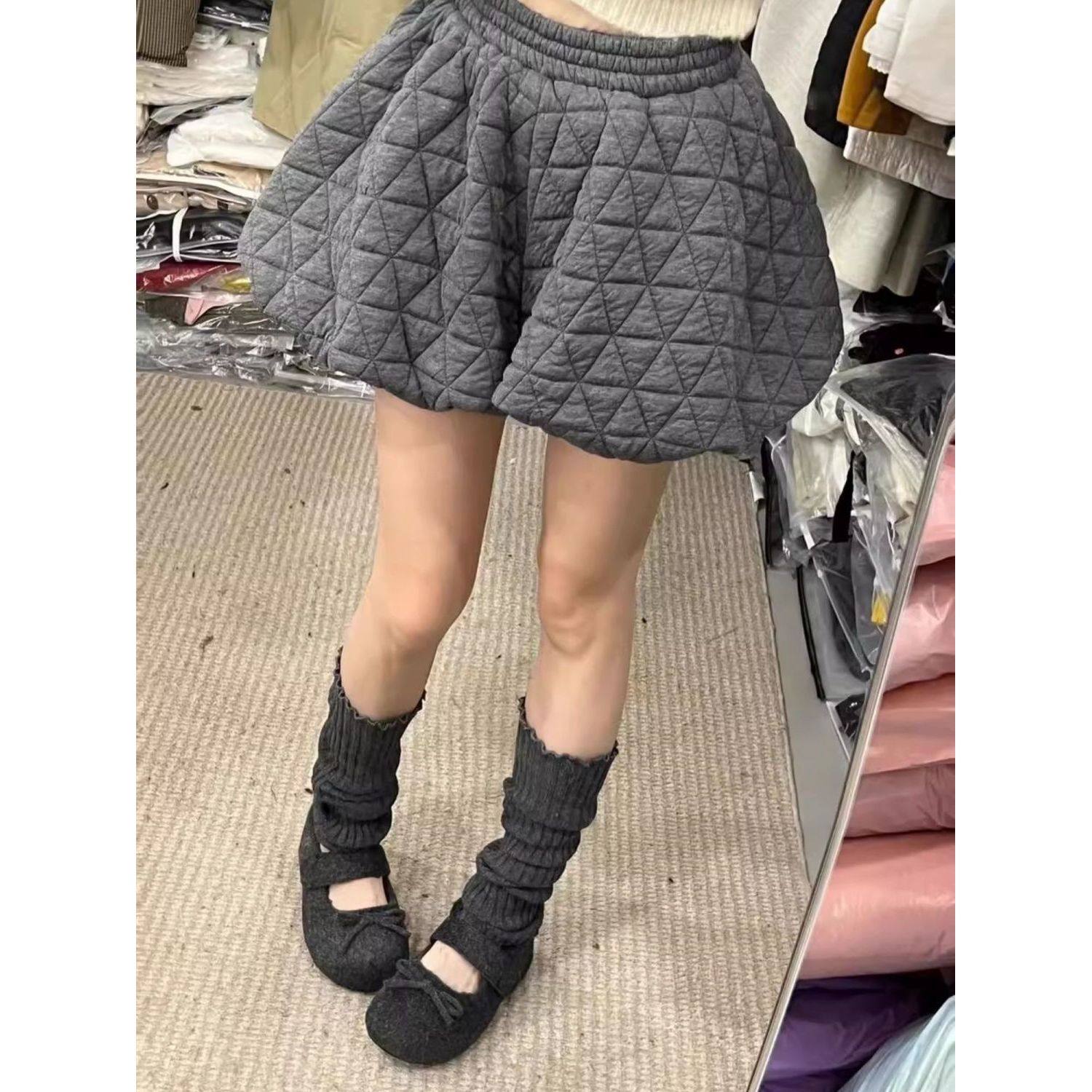 胖mm大码韩国东大门秋冬松紧高腰菱格夹棉蓬蓬半身裙女A字短裤裙