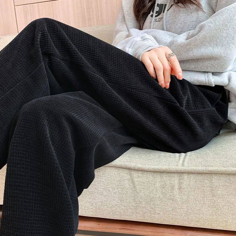 深灰色阔腿裤女春秋针织懒懒裤华夫格玉米粒高腰拖地裤直筒长裤子,女装/女士精品,休闲裤,淘宝优惠券,粉丝福利购,淘宝优惠卷