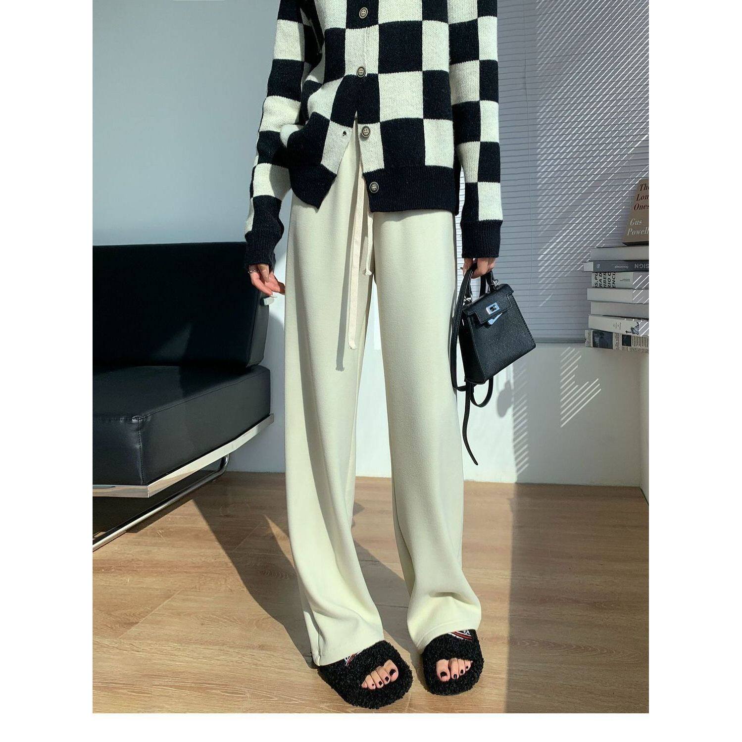 德绒保暖加长拖地裤女春秋百搭高腰阔腿裤韩版抽绳休闲直筒长裤女