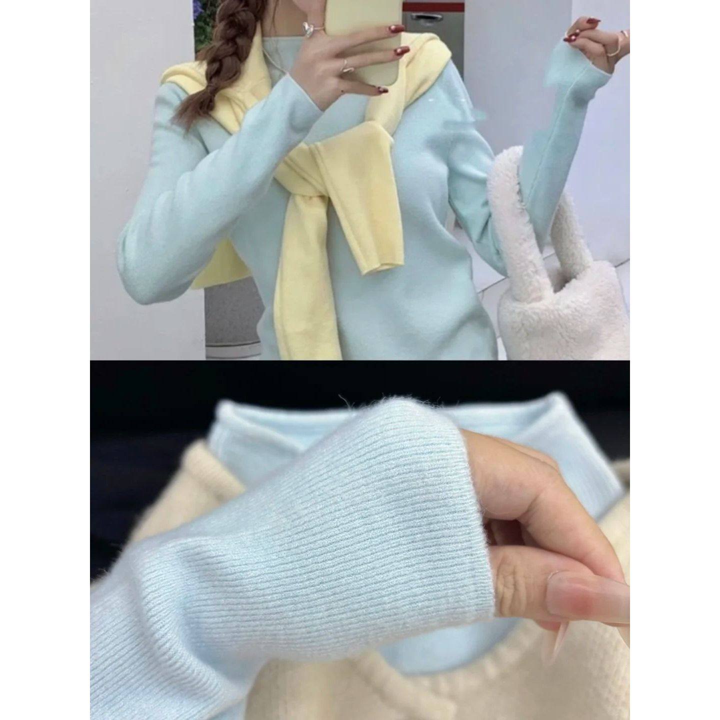 蓝色纯欲气质修身软糯打底针织衫百搭显瘦女毛衣韩版简约内搭上衣