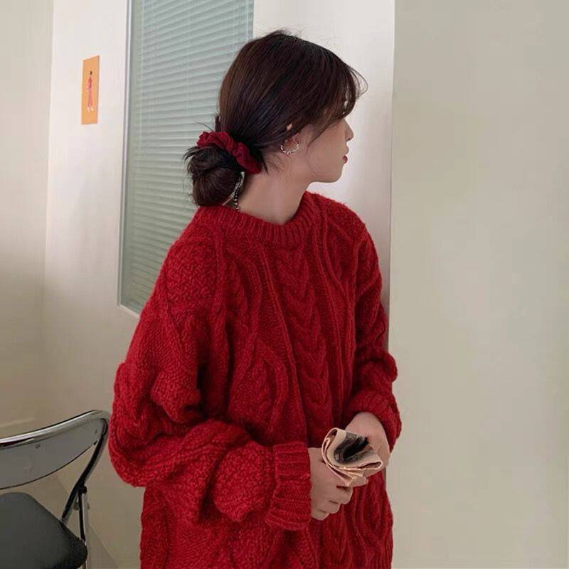 车厘子红色毛衣女秋冬本命年韩系宽松慵懒风圣诞爆款麻花针织衫厚