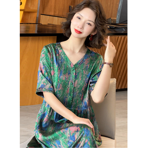 2024新款杭州中年真丝连衣裙女显瘦高端桑蚕丝夏季气质妈妈裙子