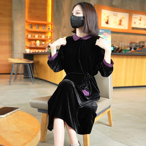 2026年春季中年妈妈新款真丝桑蚕丝时尚丝绒连衣裙女显瘦气质裙子