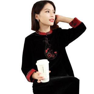 2023新款时尚刺绣丝绒女士连衣裙气质真丝妈妈翻领秋季桑蚕丝裙子
