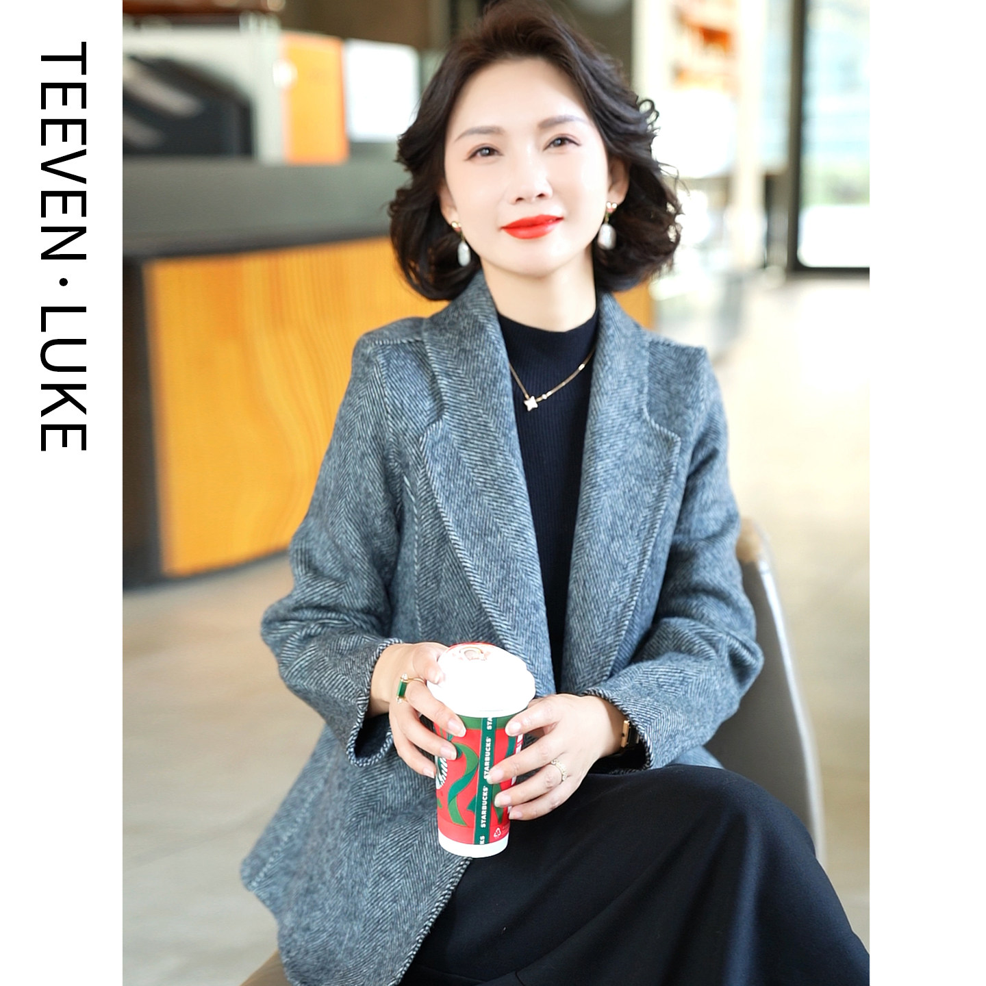 2025秋冬新款双面呢羊毛大衣女气质人字纹毛呢外套西服百搭显瘦