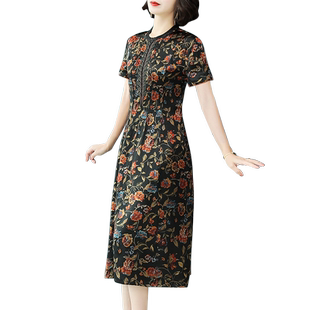 高端真丝连衣裙女夏季杭州丝绸印花桑蚕丝妈妈裙子显瘦2022年新款