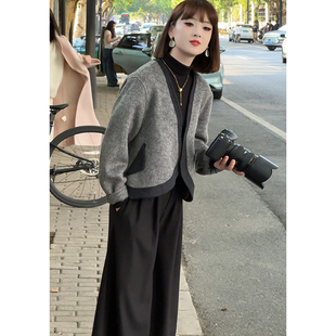 灰色双面羊毛大衣女短款2024年秋冬新款韩版高端气质宽松毛呢外套