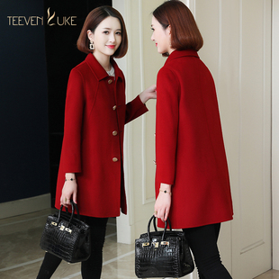 高端气质女装 女士毛呢外套红色新款 2020秋冬双面呢羊毛大衣中长款