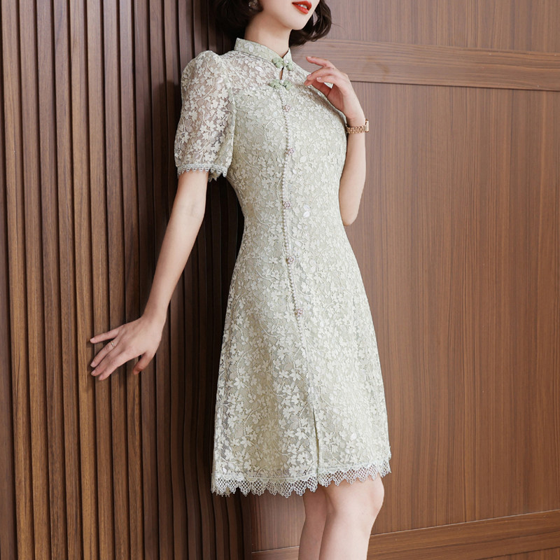 2023夏季新款民国旗袍女优雅气质妈妈复古蕾丝改良版连衣裙小个子
