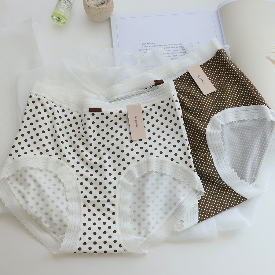 莫代尔柔软细腻舒适高弹力波点豹纹高腰蕾丝边包臀不勒棉裆女内裤