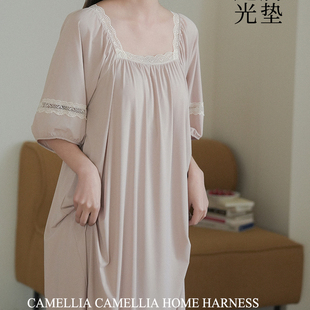 牛奶丝滑凉爽薄垂顺法式 带胸垫中长裙家居衣女夏 短袖 睡裙宽松大码