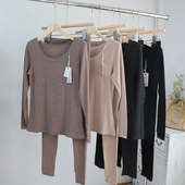 圆领蕾丝高弹女内衣套装 秋冬莫代尔棉发热磨毛保暖打底裤 上衣长袖