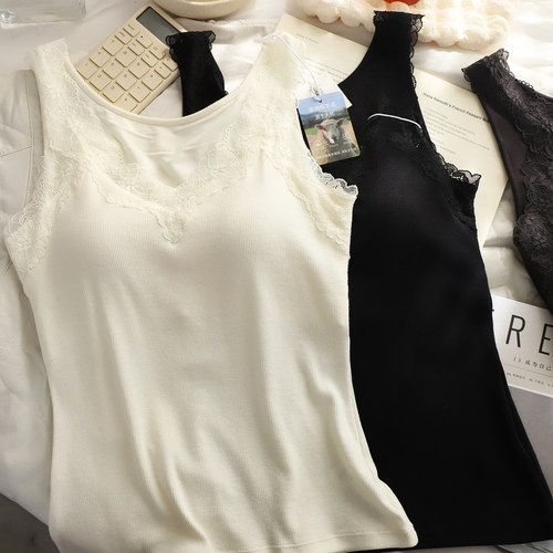 蕾丝背心固定胸垫绵羊毛打底无袖