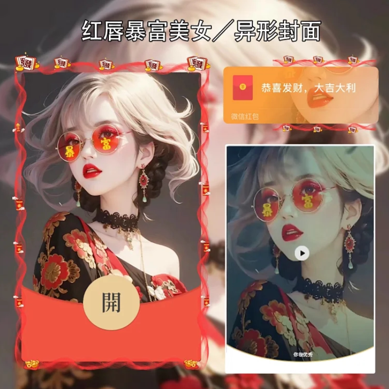 红唇暴富美女微信红包方面序列号新款异形vx红包封面动态音乐