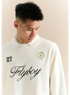 FLYBOY 25秋冬 复古刺绣logo亲肤柔软透气运动休闲翻领长袖T恤