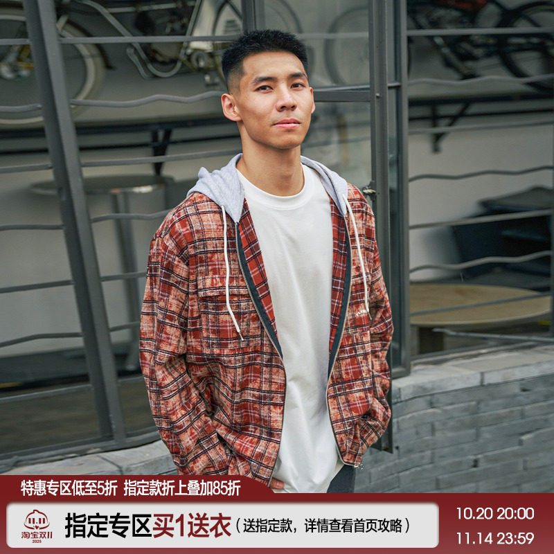FLYBOY 24秋冬 格子连帽衬衫美式复古假两件加厚长袖外套男