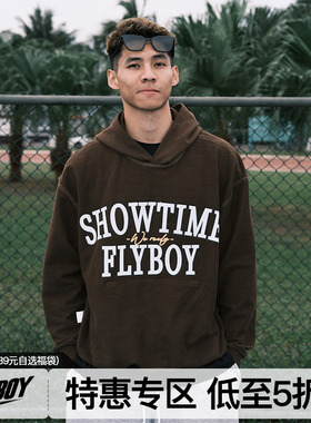 FLYBOY 男子针织新款运动连帽卫衣休闲美式国潮印花长袖上衣