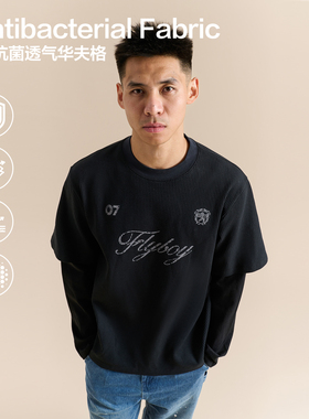 FLYBOY 25秋冬 刺绣印花华夫格抗菌拼接假两件针织运动长袖上衣