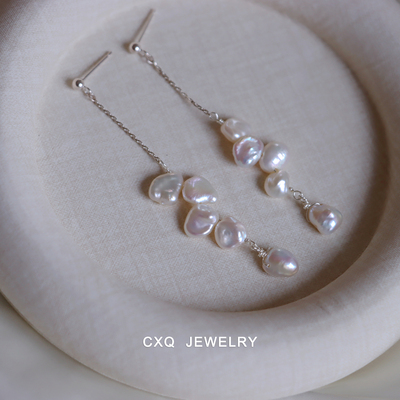 天然巴洛克珍珠耳环s925纯银方圆脸耳饰女秋冬设计感小众耳夹