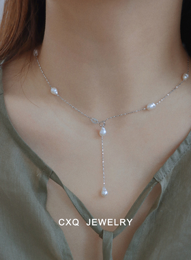 淡水keshi珍珠满天星项链通体s925纯银 可调节锁骨链巴洛克百搭